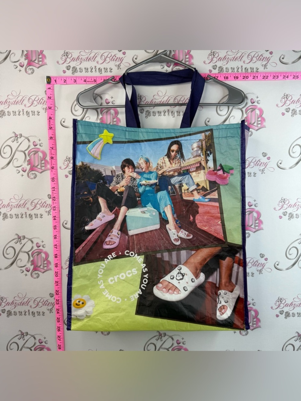 CROCS tote bag Multi-Color Graphic Tote Bag with Navy Handles And Blue Trimming